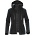 A women's black jacket with a hood, featuring zippered pockets and a sleek design, also displaying a logo.