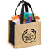 A jute tote bag in natural and black with a logo, filled with various cosmetic products and tools.