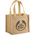 A small natural jute tote bag with two handles and a logo on the front. Ideal for gifting or casual use.