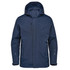 A navy blue jacket with a hood, featuring a zippered front and a logo on the sleeve.