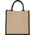 A medium jute gift tote in natural and black colours with dual handles and a simple design. Features a logo.