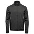 A dark grey performance jacket with a high collar and zip closure, featuring a logo on the front.