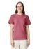 A maroon adult heavyweight T-shirt displayed on a model, featuring a round neck and short sleeves. The shirt has a logo.