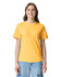 A yellow adult heavyweight t-shirt displayed on a model, featuring short sleeves and a round neckline.