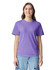 A purple heavyweight T-shirt displayed on a model, featuring a round neckline and short sleeves.