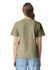 A back view of an olive green heavyweight adult t-shirt, featuring short sleeves and a classic fit.