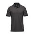 A men's polo shirt in dark grey with a contrasting black collar and sleeve hems. It features a small logo.