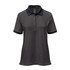 A women's polo shirt in dark grey with a contrasting black collar and sleeve cuffs. It features a logo.