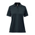 A women's polo shirt in dark green with a buttoned collar and short raglan sleeves, featuring a logo.
