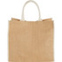 A large jute tote bag in a natural beige colour with white handles and a logo.