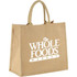 A large jute tote bag in a natural brown colour featuring a logo on the front. It has two sturdy handles.