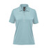 A light blue women's polo shirt with a collar and buttons, featuring a branded logo.