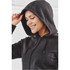 A dark grey fleece full zip hoody with a hood, featuring a person smiling while adjusting it.