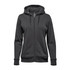 A women's full zip hoody in dark grey with a hood and front pockets, featuring a logo on the design.