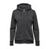A women's full zip hoody in dark grey with a hood and front pockets, featuring a logo on the chest.