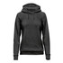 A black women's fleece pullover hoody with a hood and a logo on the front.