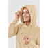 A beige women's fleece pullover hoody with a drawstring hood, featuring a logo on the front.