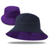 A reversible bucket hat in purple and black, featuring a simple design and a logo.