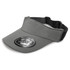 A grey visor with a wide brim and an adjustable black strap, featuring a logo on the front.
