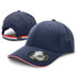 A navy cap with a curved brim, featuring a logo and a striped detail on the back.