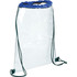 A clear drawstring sportspack with a blue top and green cords, featuring a logo. Ideal for carrying essentials.