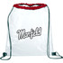 A clear drawstring sportspack featuring a red top and green drawstrings, with a logo on the front.