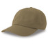 A khaki dad hat made from organic and recycled cotton, featuring a curved brim and a logo.