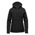 A black women's hooded softshell jacket featuring a front zipper and a chest pocket, with a logo on it.