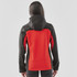A hooded softshell jacket featuring a black and red colour scheme, with a fitted design and a logo on the back.