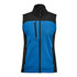 A women's softshell vest in blue and black, featuring zippered pockets and a high collar. Includes a logo.