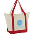 A zippered cotton tote bag in cream with red straps and a branding logo on the front.
