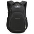 A black backpack with multiple compartments, padded straps, and a logo on the front.