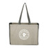A recycled cotton tote bag in grey with a contrasting darker side and an embossed logo.