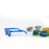 A pair of blue sunglasses alongside green, orange, and clear sunglasses, featuring a logo on the blue pair.