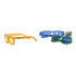 Bright orange, blue, and green sunglasses displayed together, featuring a logo on the orange pair.