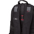 A black backpack with padded mesh straps and a logo on the back. It features adjustable straps and zippers.