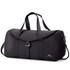 A black duffel bag with adjustable straps, a flap closure, and a logo on the side.