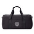 A black duffel bag with straps and a logo on the front, featuring a zippered compartment.