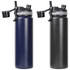A drink bottle in navy blue and dark grey, featuring a dual-function top and a logo. Double wall design, 800ml capacity.