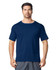 A navy Gildan Performance adult t-shirt displayed on a male model, featuring a round neckline and short sleeves.