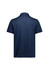 A navy short sleeve polo shirt with a classic collar and a logo on the back.