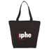 A black zippered tote bag with a logo on the front, featuring sturdy handles and a spacious design.