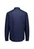 A navy long sleeve button-up shirt with a classic collar and button cuffs, featuring a logo on the back.