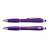 A purple stylus pen with a silver clip and accents, featuring both a ballpoint tip and a stylus tip.