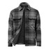 A men's plaid jacket in black and grey, featuring a Sherpa lining and two front pockets. It has a logo on it.