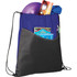 A purple and black non-woven drawstring sportspack filled with a frisbee, sunglasses, and various items.