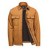 A men's jacket in a warm brown hue with a Sherpa lining and two front pockets, featuring a logo on the interior.