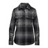 A women's shacket in a black and grey highland plaid pattern, featuring a button-up front and two chest pockets.