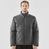 A men's thermal jacket in grey, featuring a zip closure and a stand-up collar. The jacket has a logo on it.