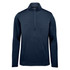 A navy blue men's pullover with a quarter zip and long sleeves, featuring a logo on the chest.